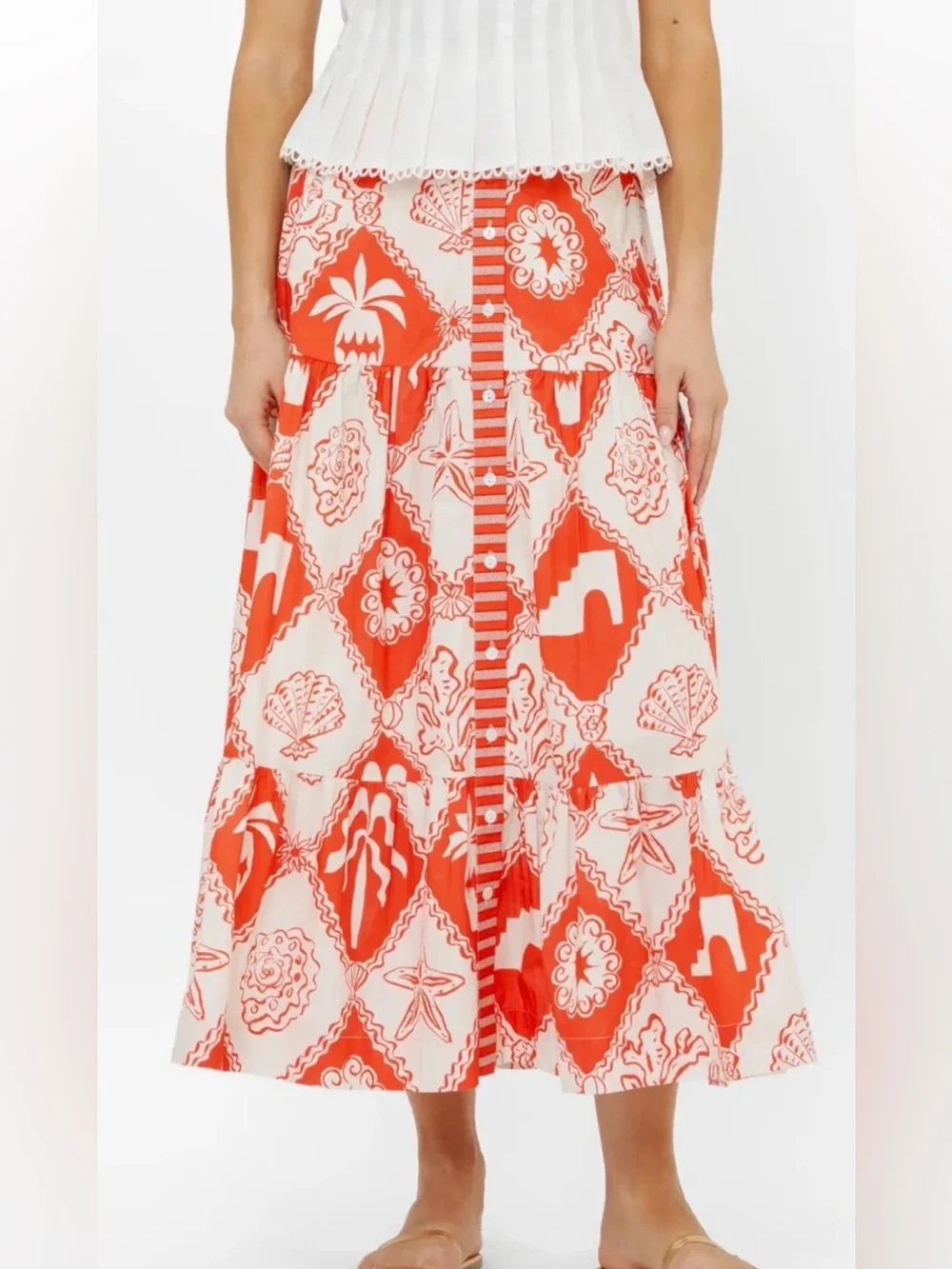 Oliphant Button Front Tiered Midi Skirt in Asterias Red Medium